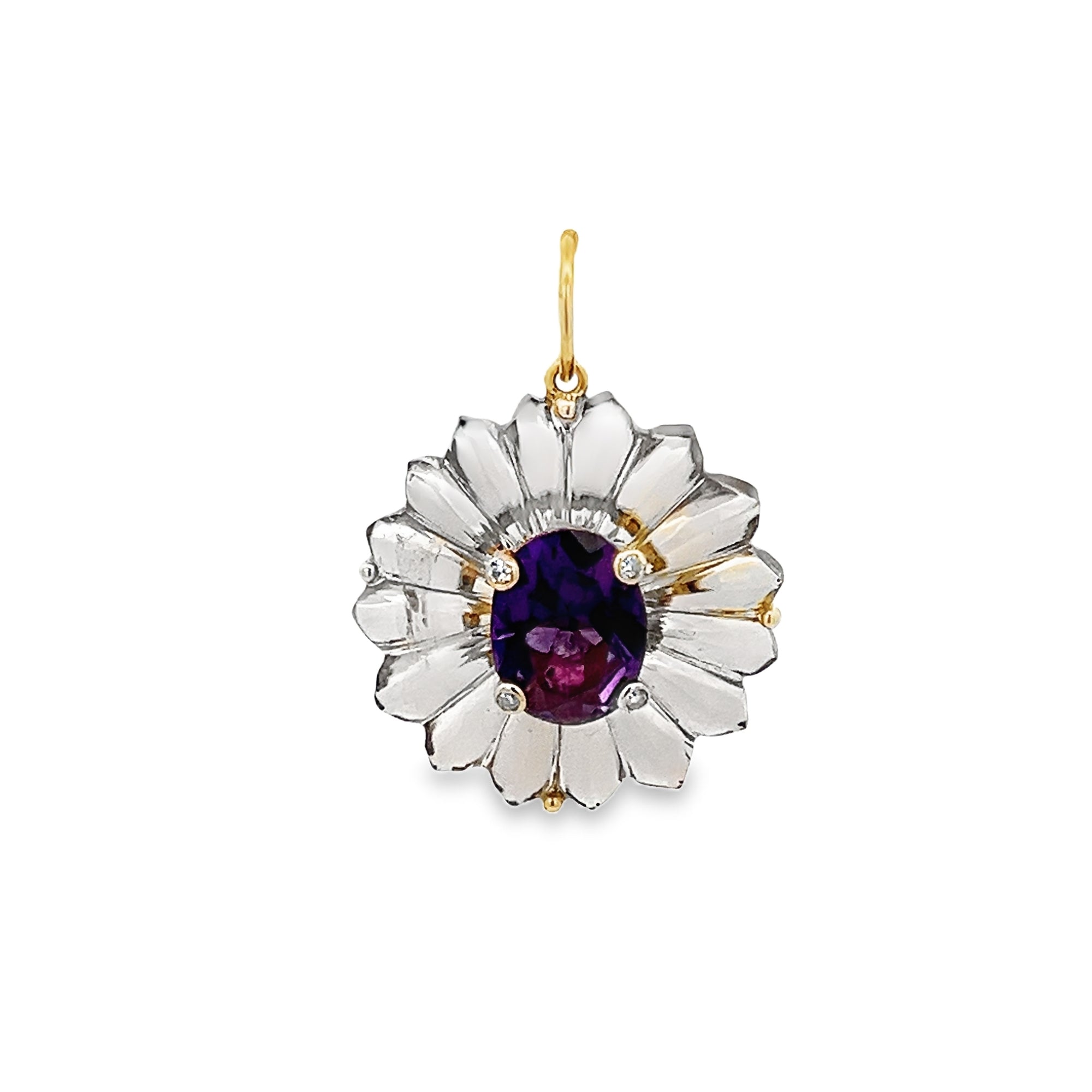 AMETHYST WITH QUARTZ AND DIAMONDS DAISY CHARM SET IN 14K YELLOW GOLD