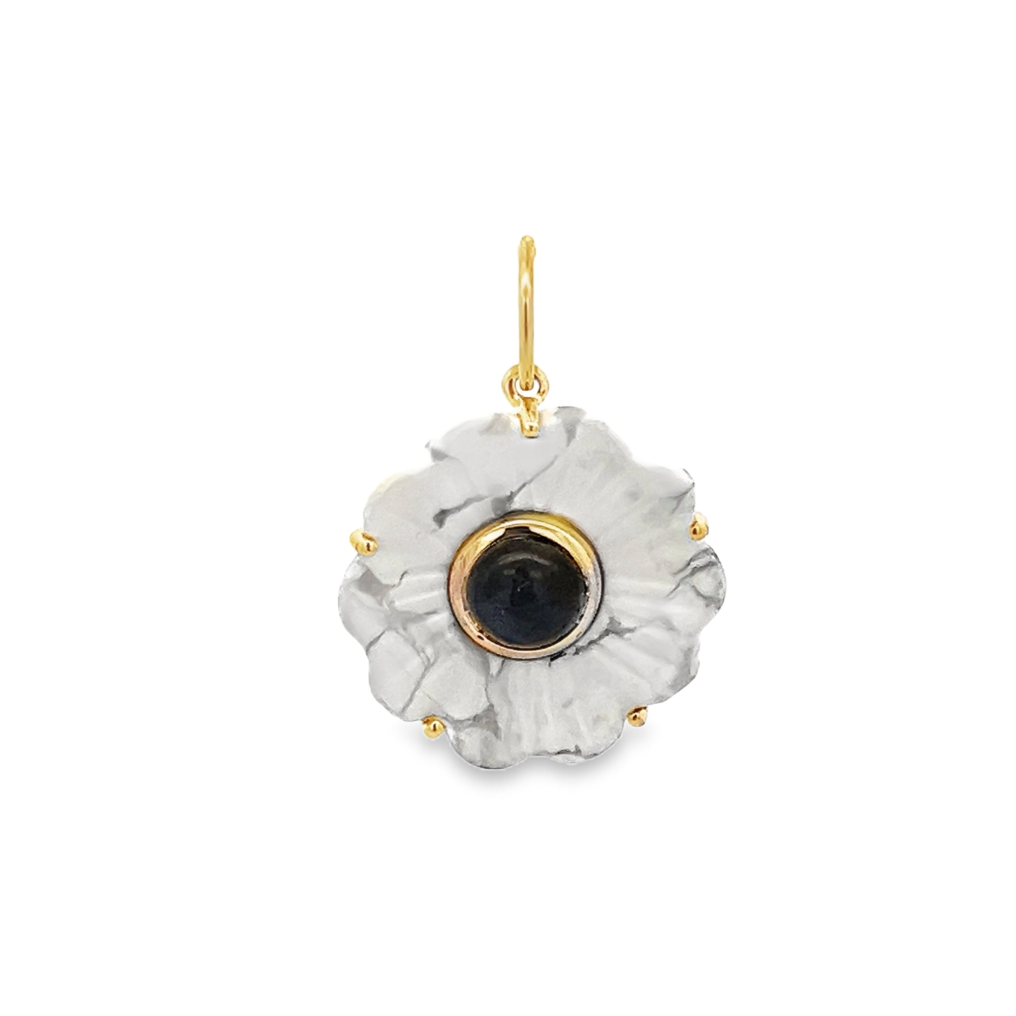 SMALL LABRADORITE FLOWER CHARM SET IN 14K YELLOW GOLD