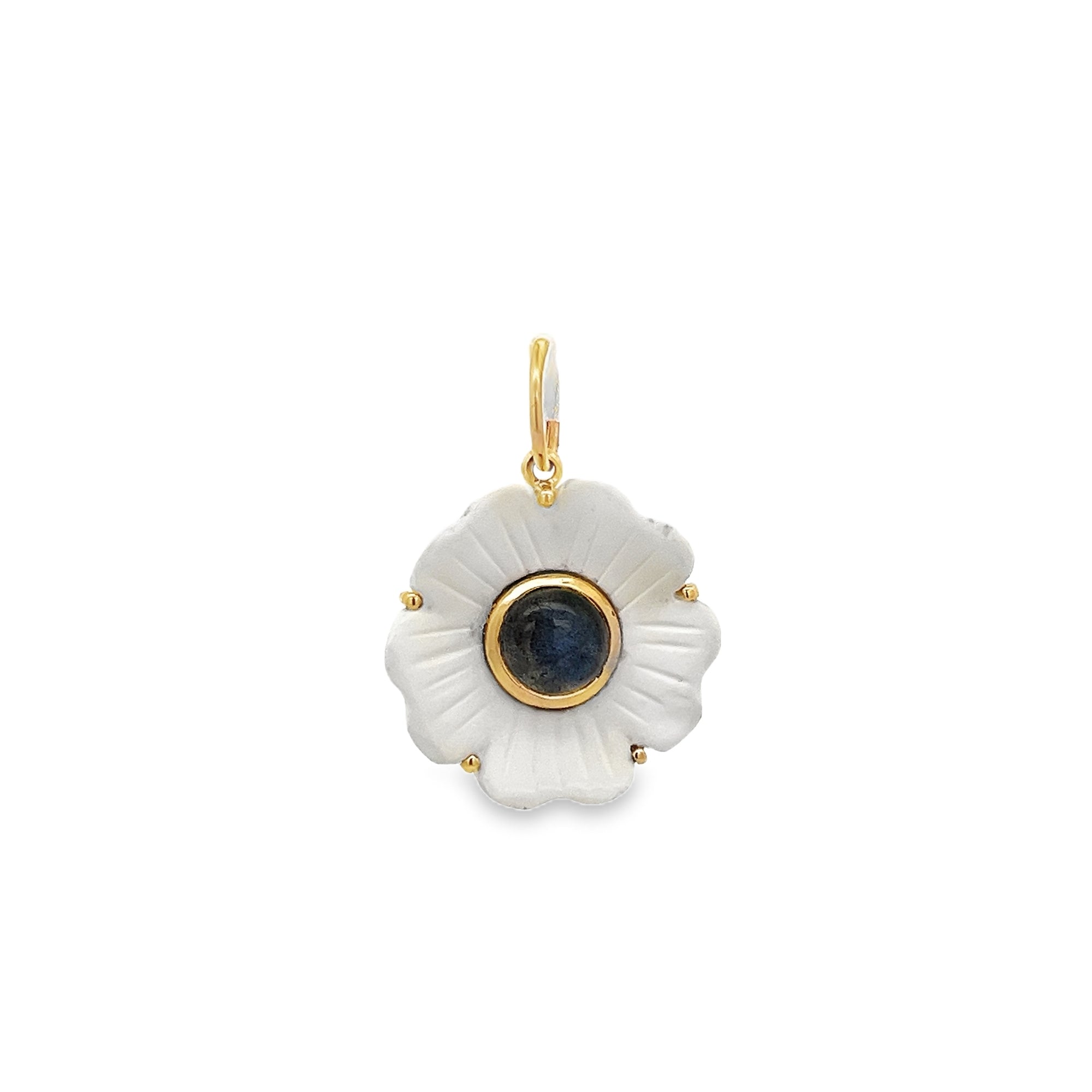 SMALL LABRADORITE FLOWER CHARM SET IN 14K YELLOW GOLD