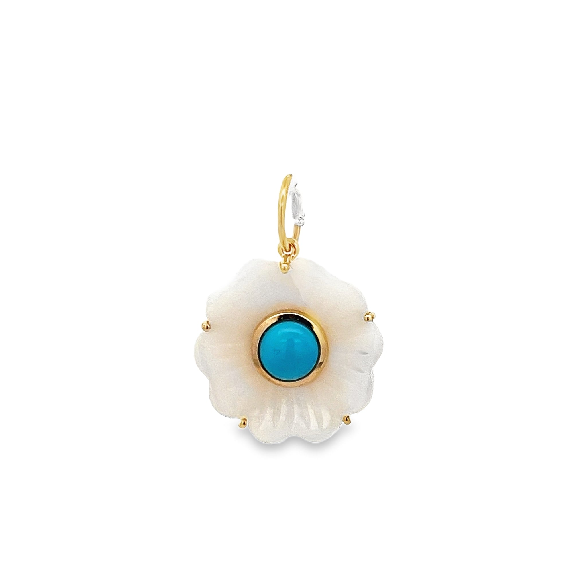 SMALL AGATE AND TURQUOISE FLOWER CHARM SET IN 14K YELLOW GOLD