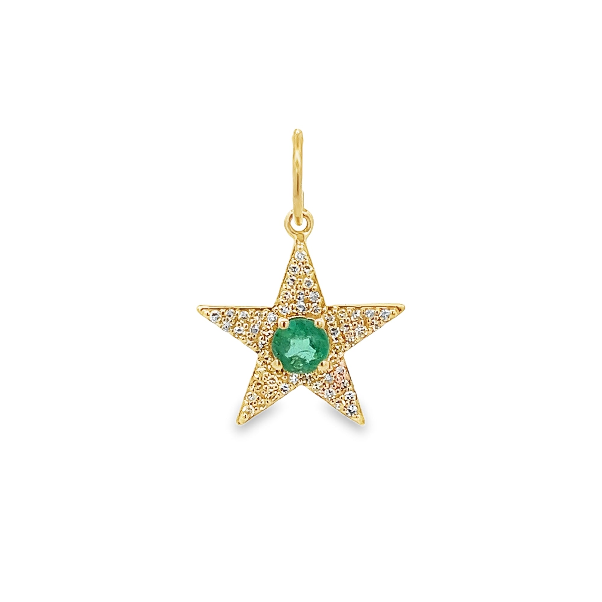 SMALL EMERALD WITH DIAMOND PAVÉ STAR CHARM SET IN 14K YELLOW GOLD