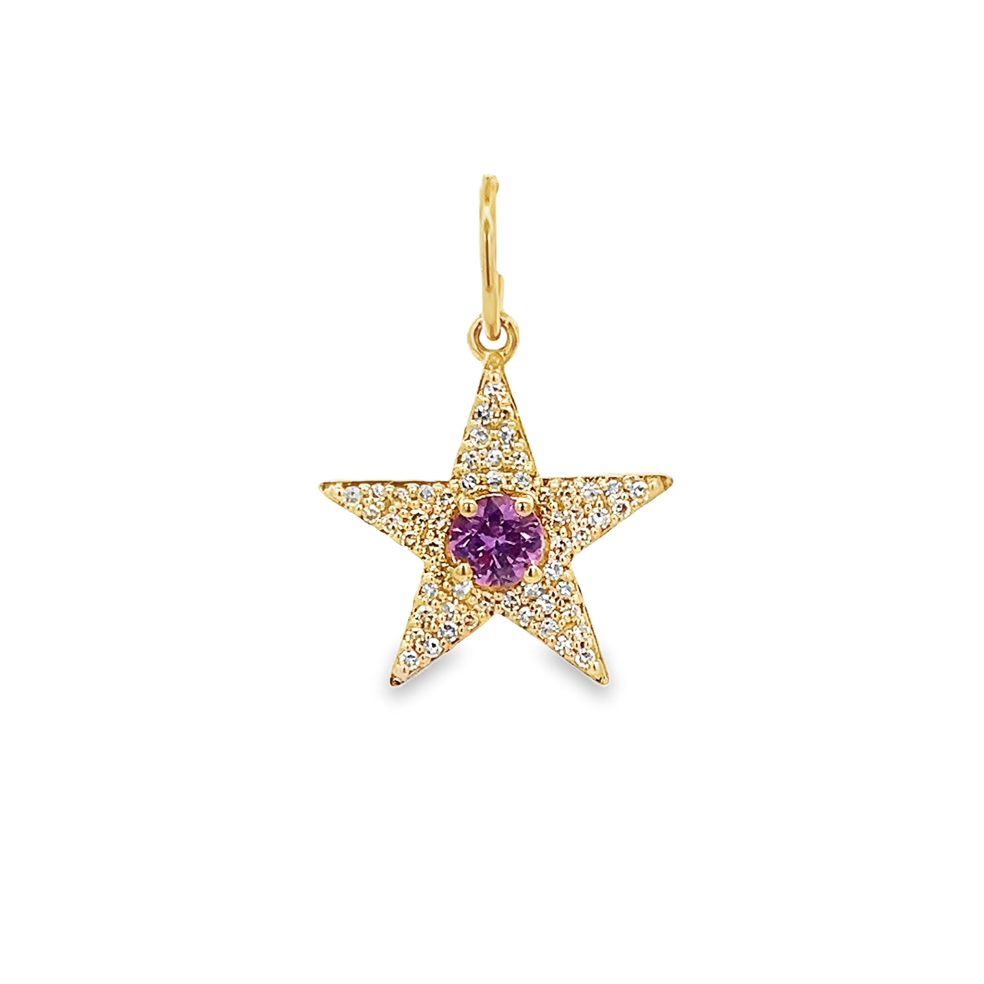 SMALL PINK SAPPHIRE WITH DIAMOND PAVÉ CHARM SET IN 14K YELLOW GOLD