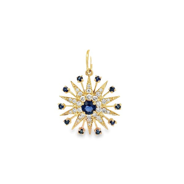 BLUE SAPPHIRE AND DIAMOND SUN STAR PAVÉ CHARM SET IN 14K YELLOW GOLD