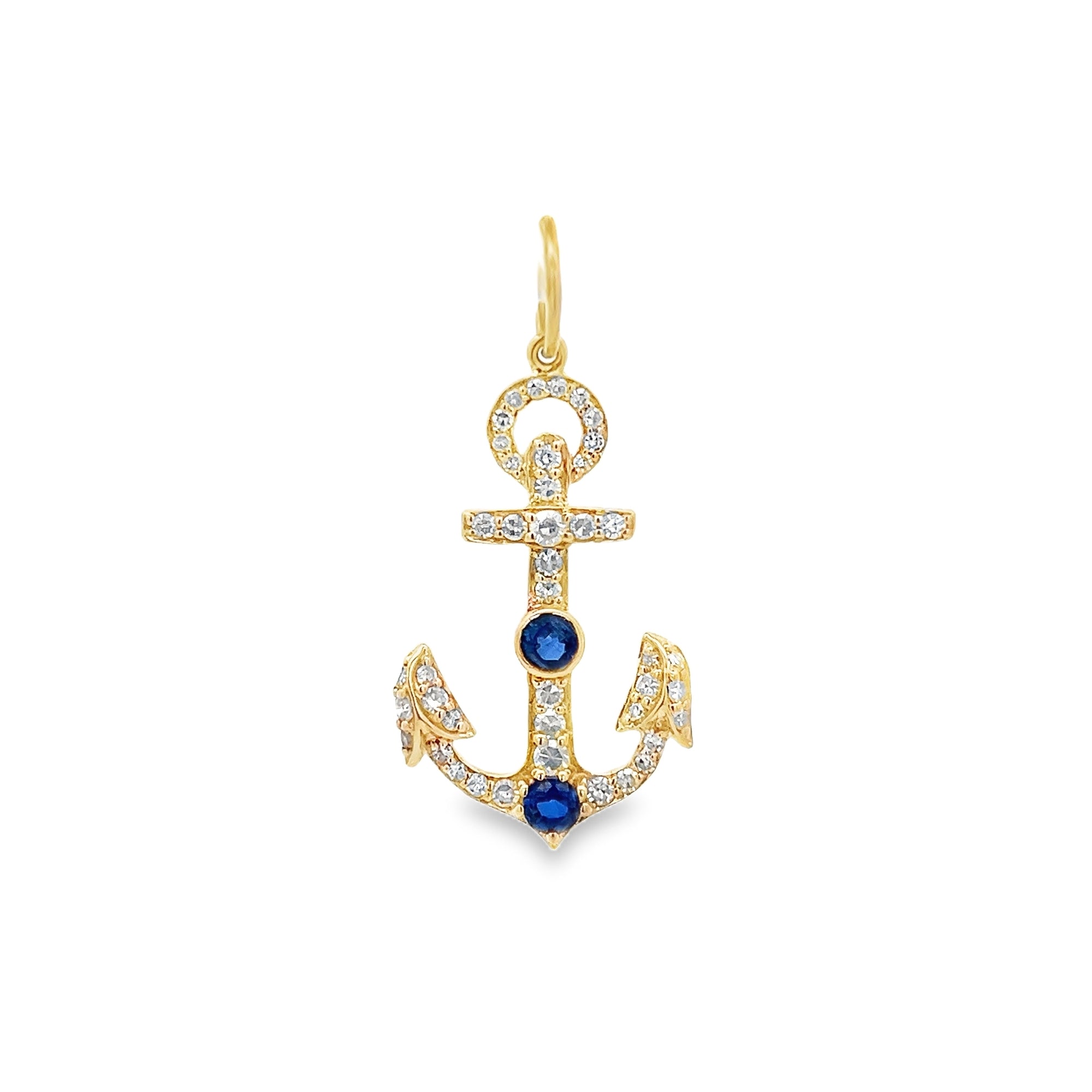 BLUE SAPPHIRE  AND DIAMOND PAVÉ ANCHOR  CHARM SET IN 14K YELLOW GOLD