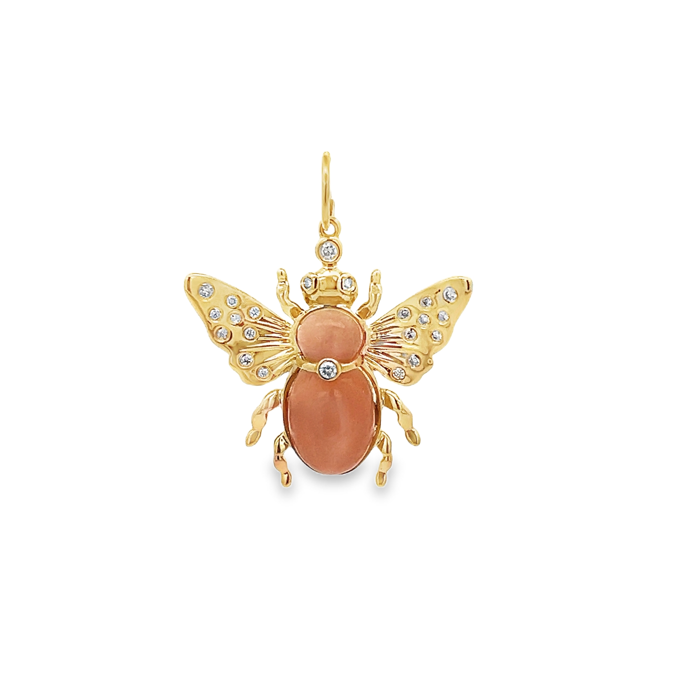 PEACH MOONSTONE AND DIAMONDS BEE CHARM SET IN 14K YELLOW GOLD