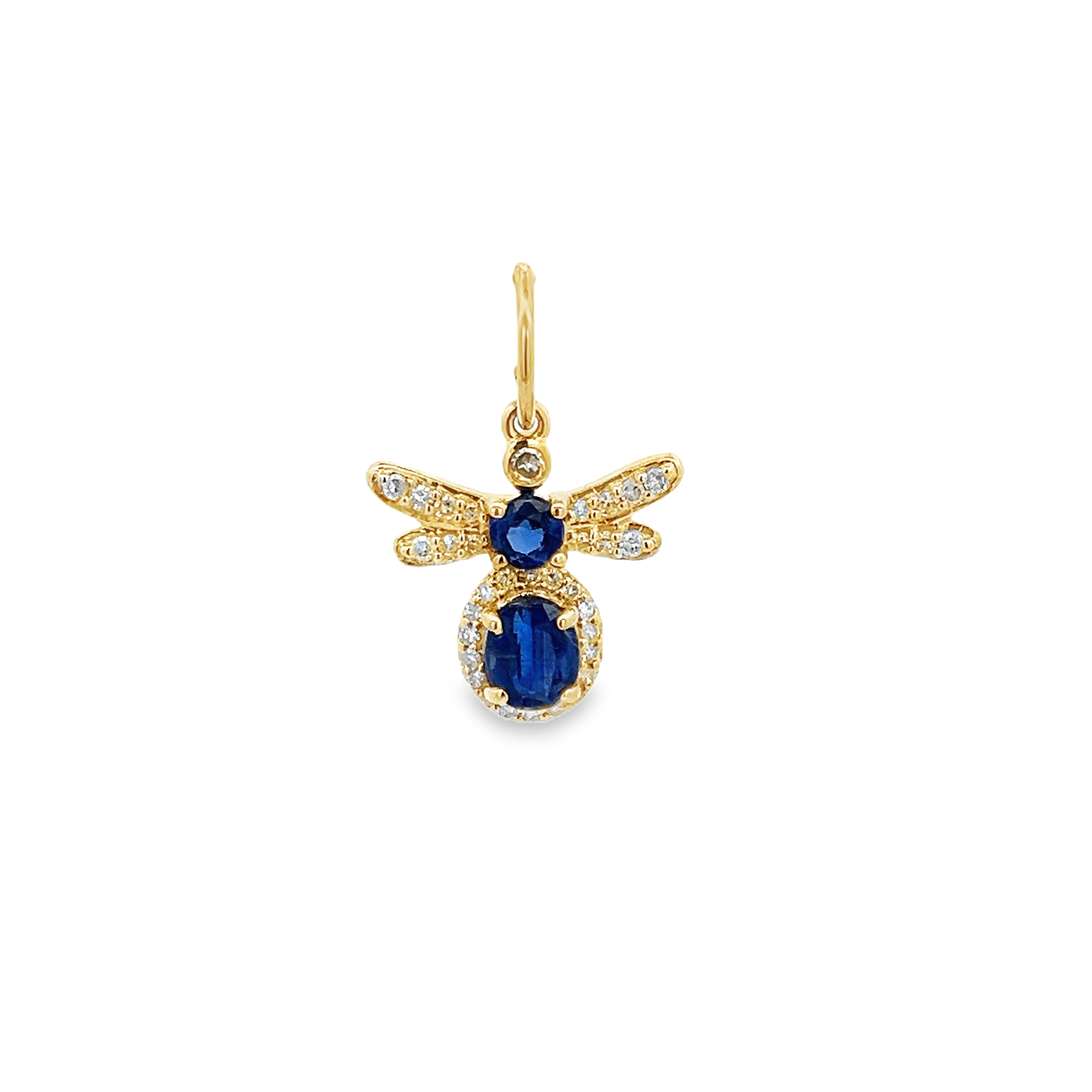 SMALL BLUE SAPPHIRE AND DIAMONDS BEE CHARM SET IN 14K YELLOW GOLD