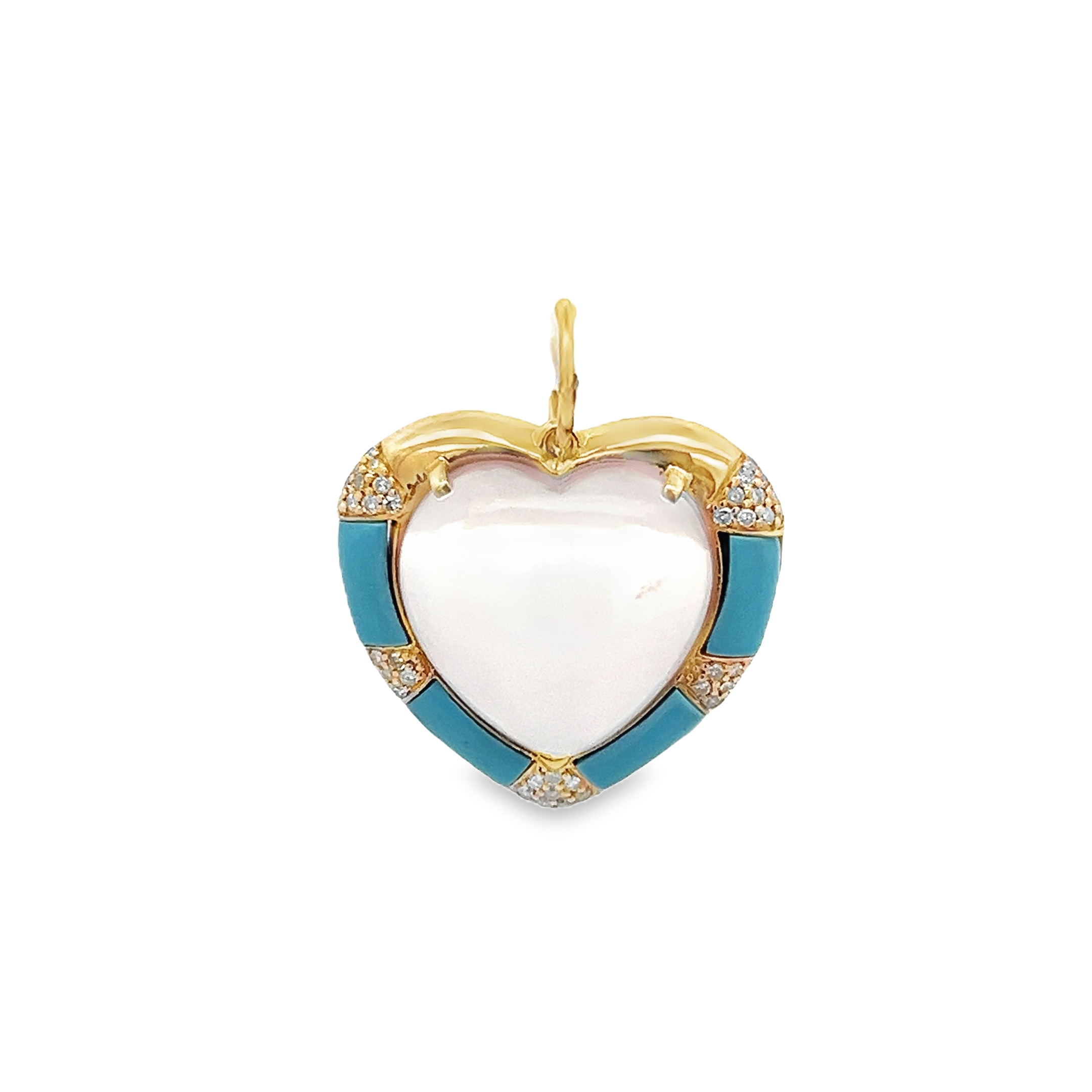 QUARTZ HEART SURROUNDED BY TURQUOISE AND BAGUETTE DIAMOND HALO CHARM SET IN 14K YELLOW GOLD