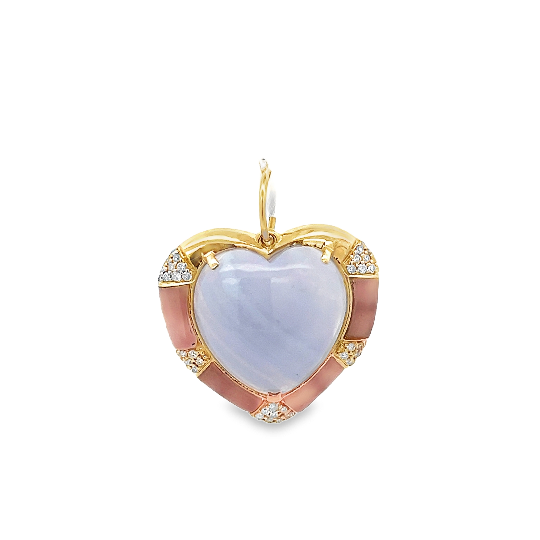 QUARTZ HEART SURROUNDED BY AGATE AND BAGUETTE DIAMOND HALO CHARM SET IN 14K YELLOW GOLD