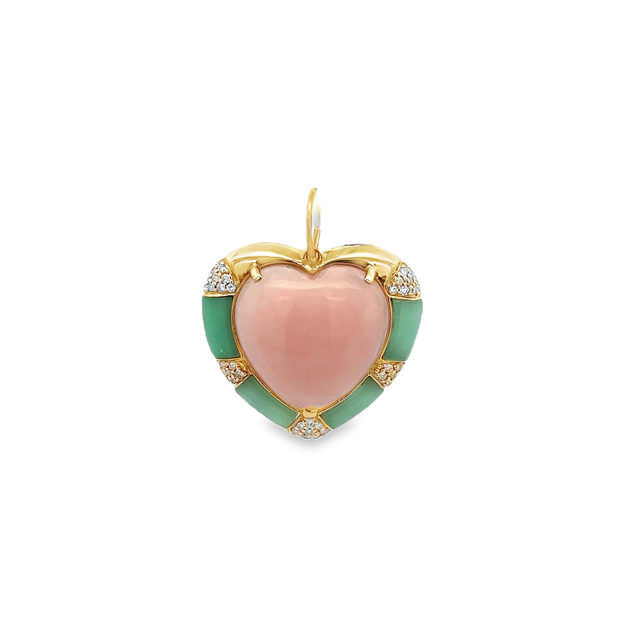 QUARTZ HEART SURROUNDED BY BAGUETTE DIAMOND HALO CHARM SET IN 14K YELLOW GOLD