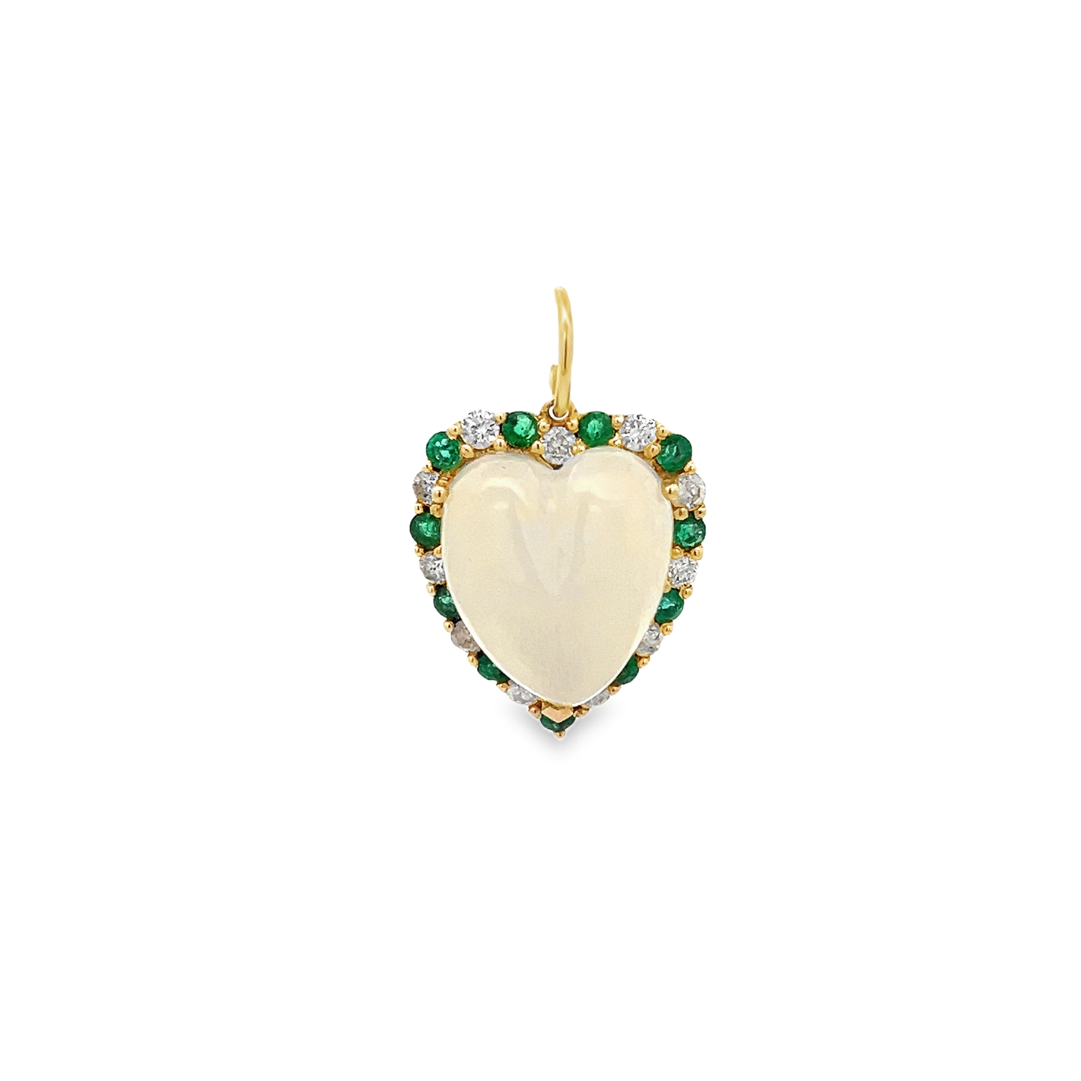 QUARTZ HEART SURROUNDED BY EMERALD AND BAGUETTE DIAMOND HALO CHARM SET IN 14K YELLOW GOLD