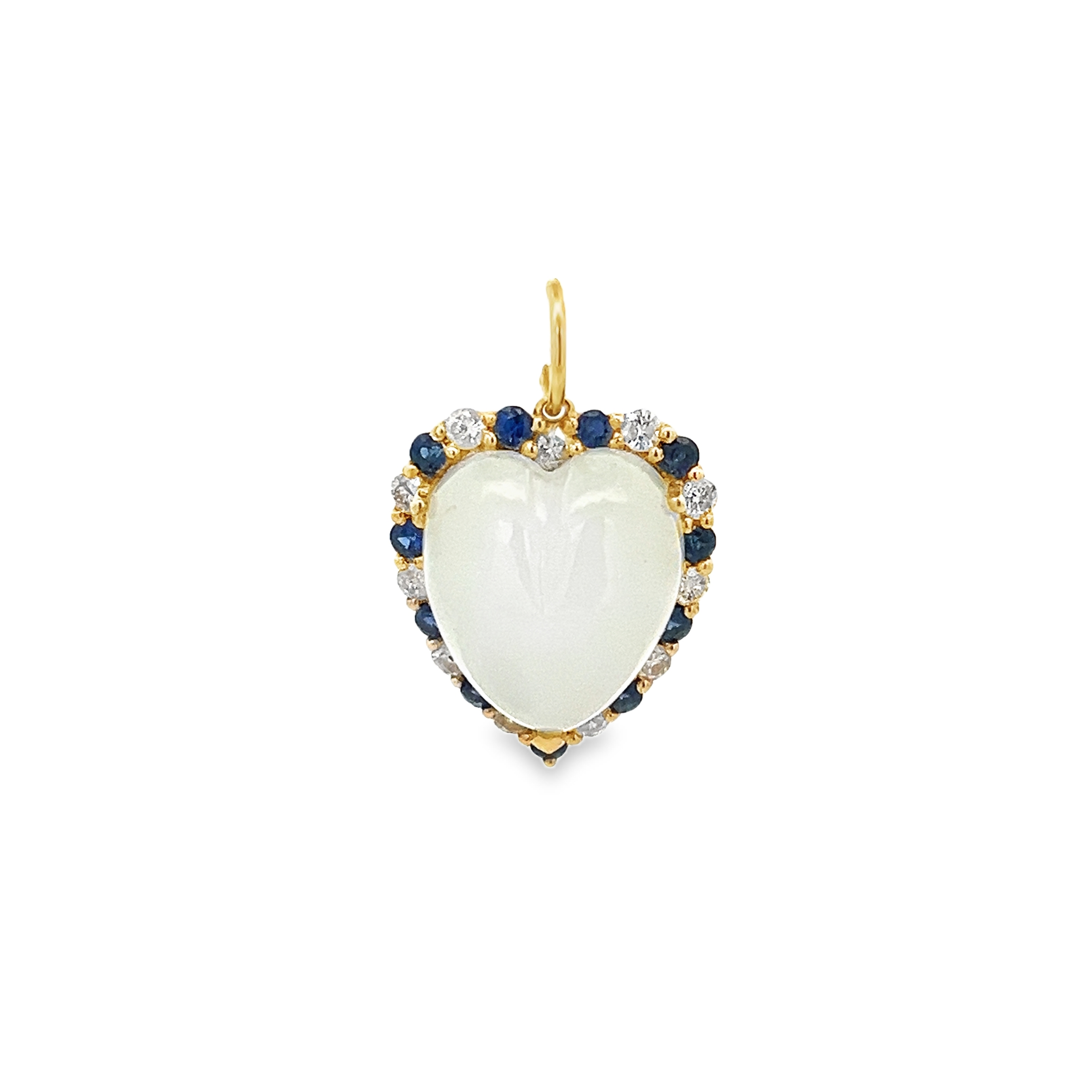 QUARTZ HEART SURROUNDED BY BLUE SAPPHIRE AND BAGUETTE DIAMOND HALO CHARM SET IN 14K YELLOW GOLD