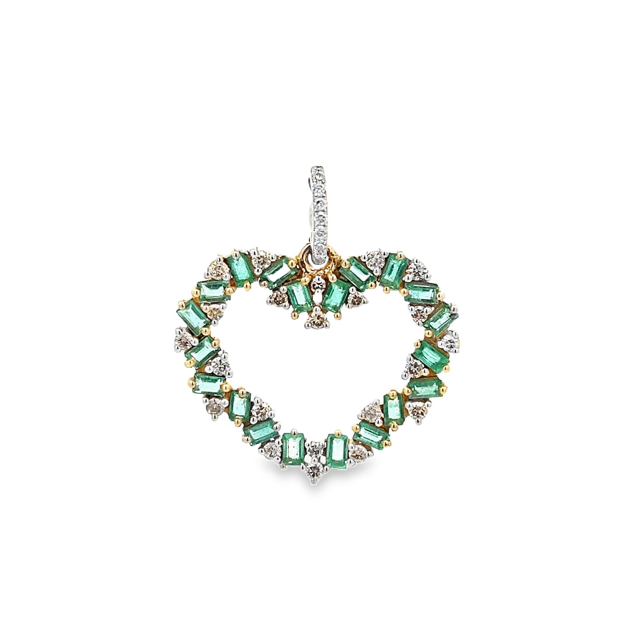 EMERALD AND DIAMOND OUTLINE HEART CHARM SET IN 14K YELLOW GOLD