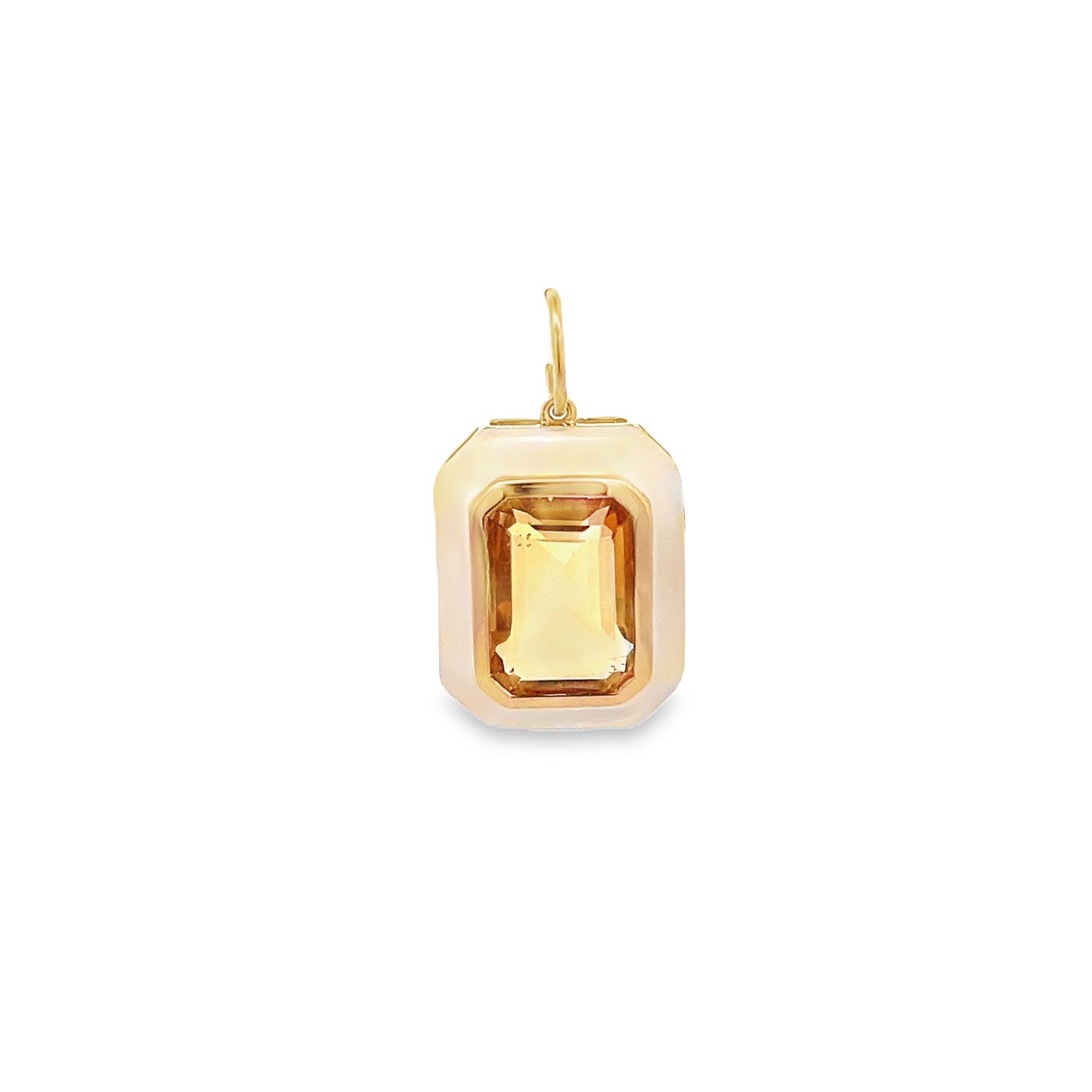 CITRINE AND MOTHER OF PEARL OCTAGONAL CHARM SET IN 14K YELLOW GOLD