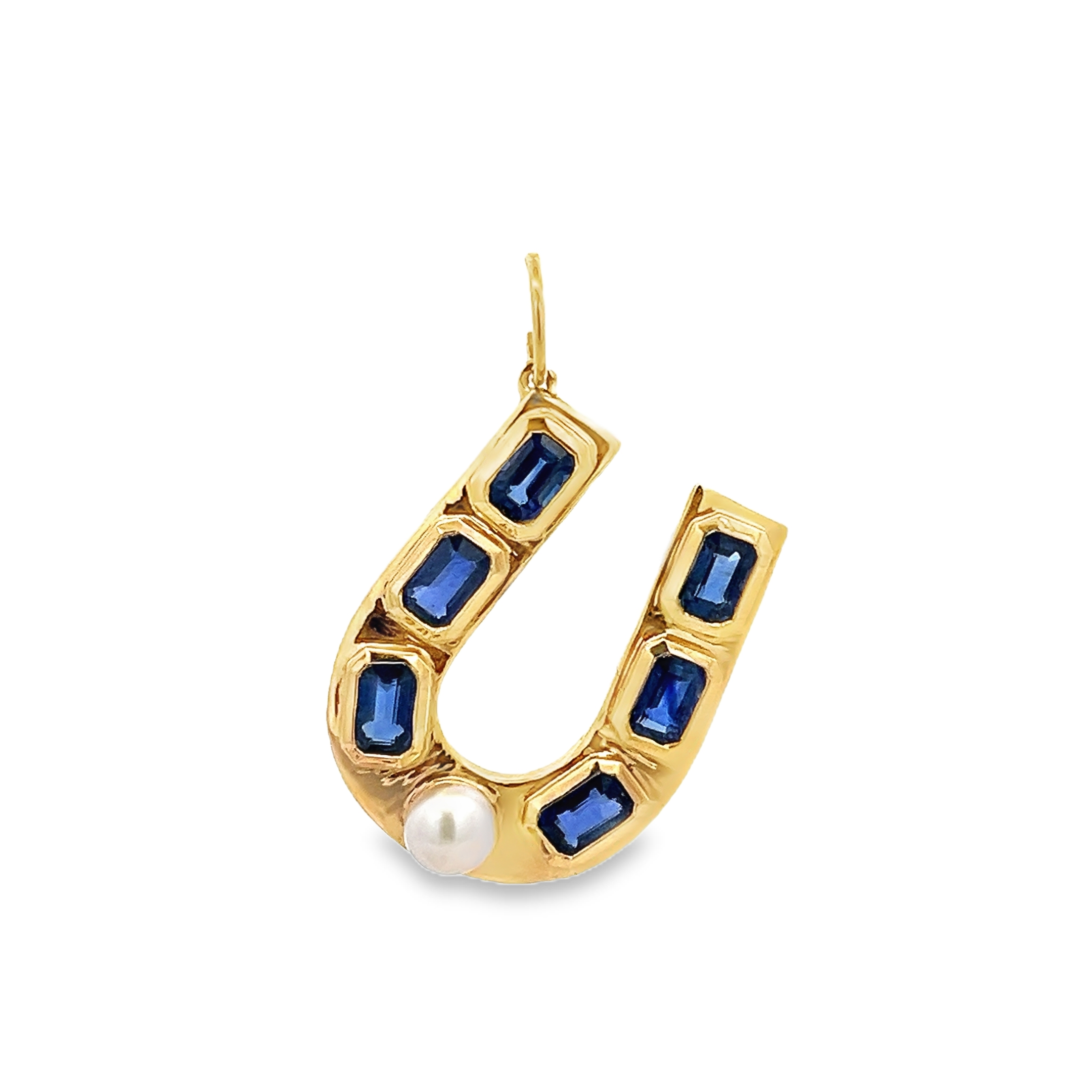 KYANITES AND PEARL HORSESHOE CHARM SET IN 14K YELLOW GOLD