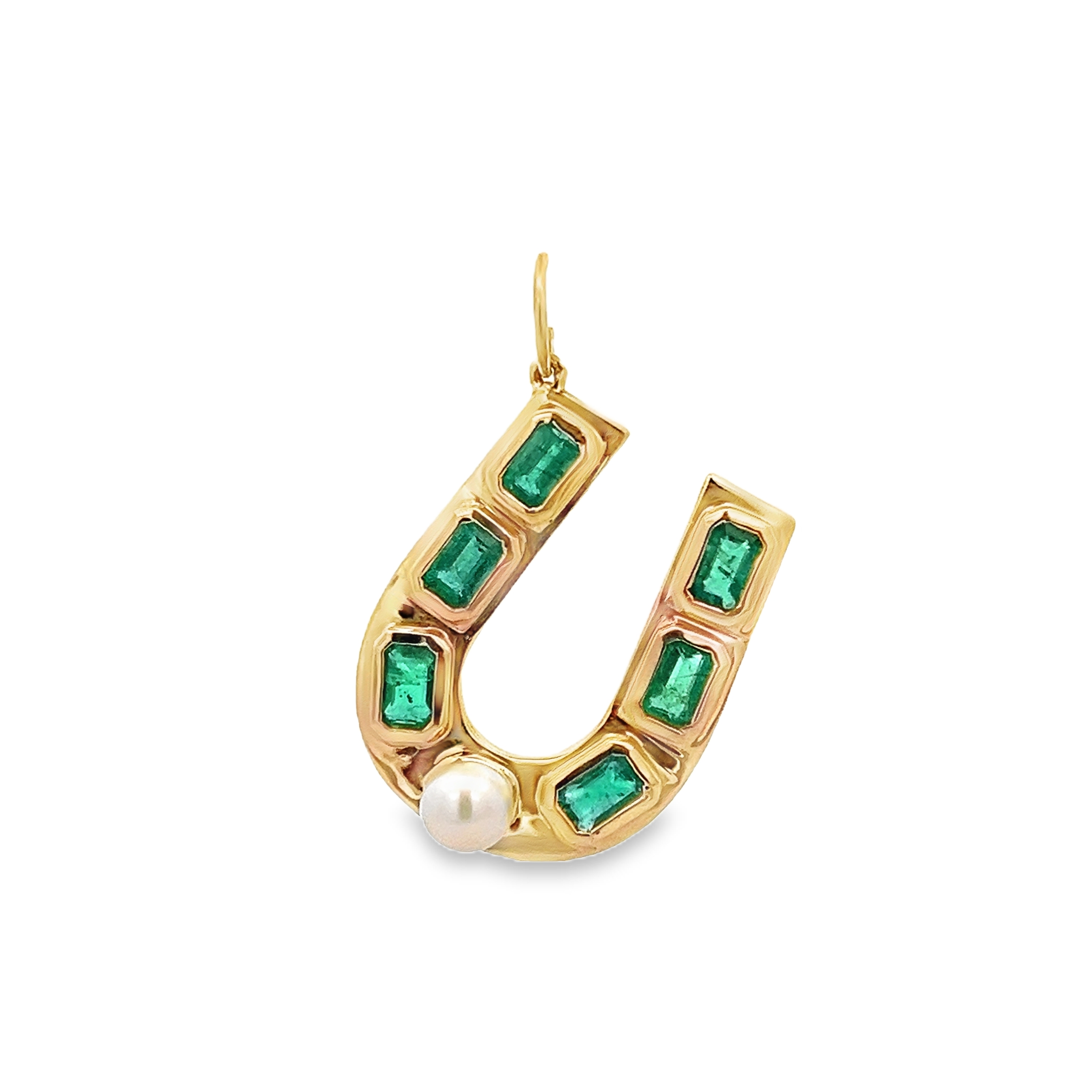 EMERALDS AND PEARL HORSESHOE CHARM SET IN 14K YELLOW GOLD