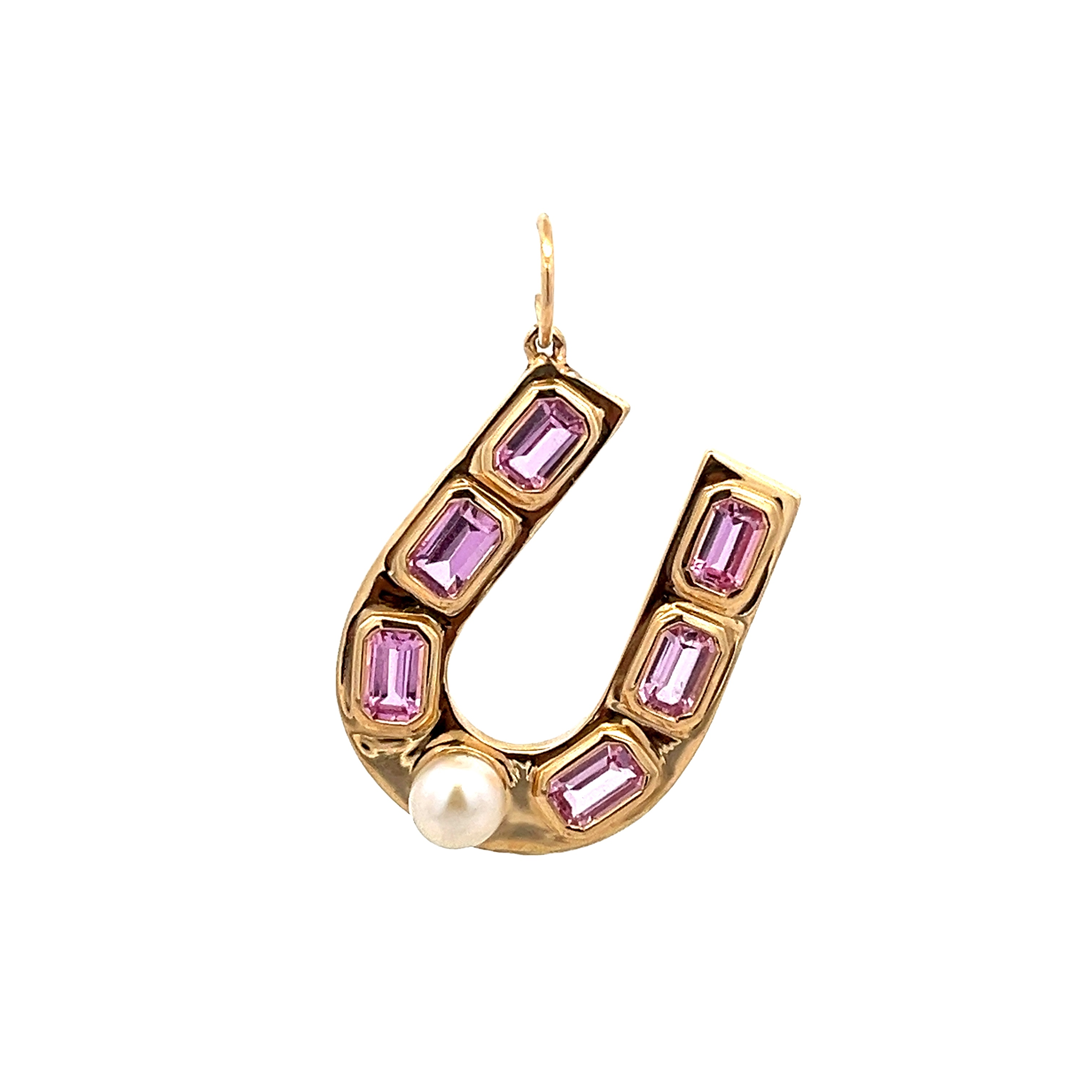 PINK SAPPHIRES AND PEARL HORSESHOE CHARM SET IN 14K YELLOW GOLD