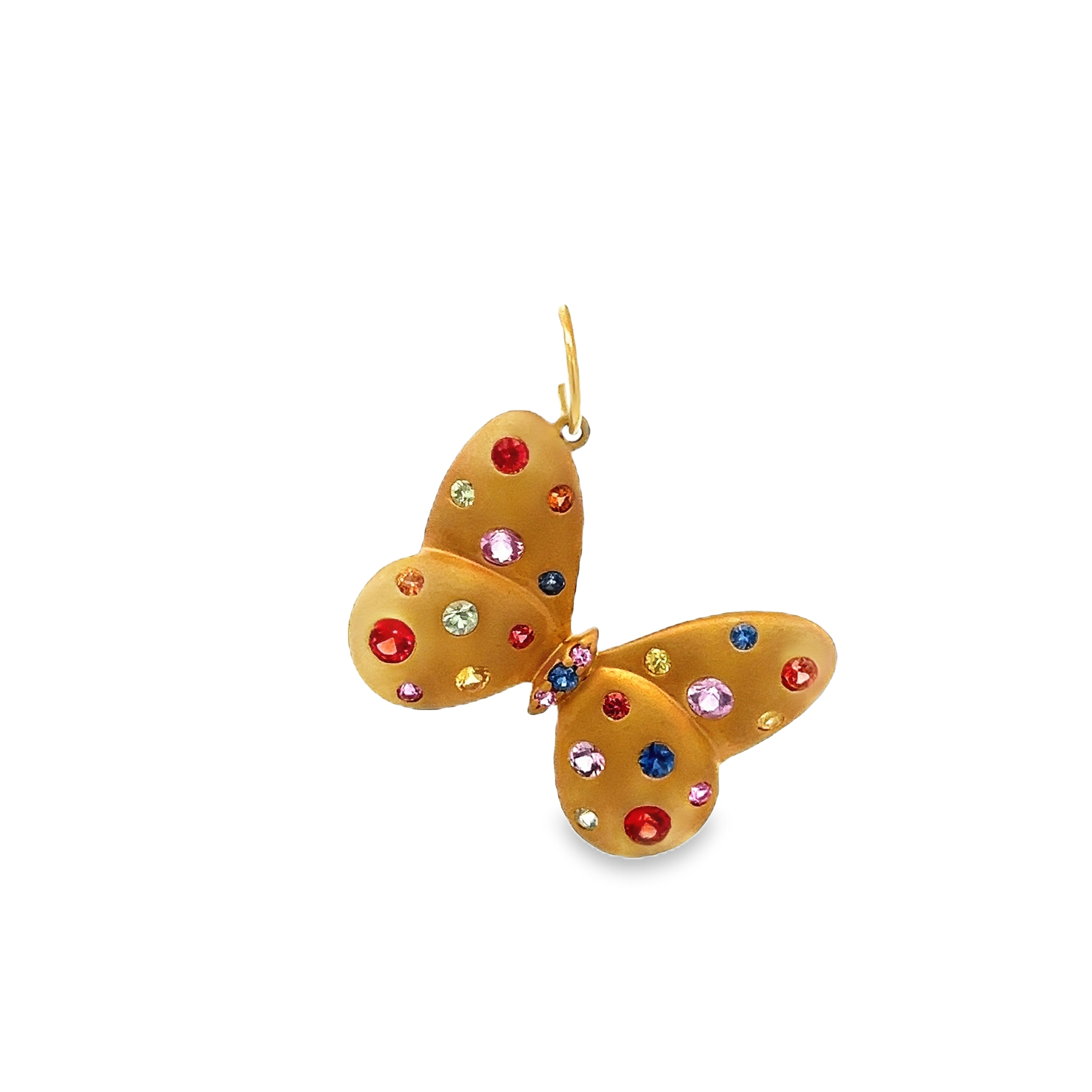 MULTI-COLOR  SAPPHIRES BUTTERFLY CHARM SET IN 14K MATTE YELLOW GOLD