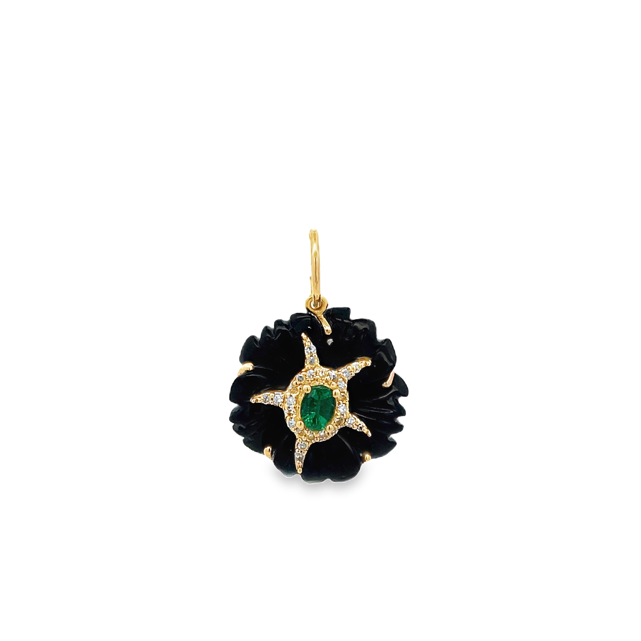 EMERALD WITH DIAMOND PAVÉ BLACK FLOWER CHARM SET IN 14K YELLOW GOLD