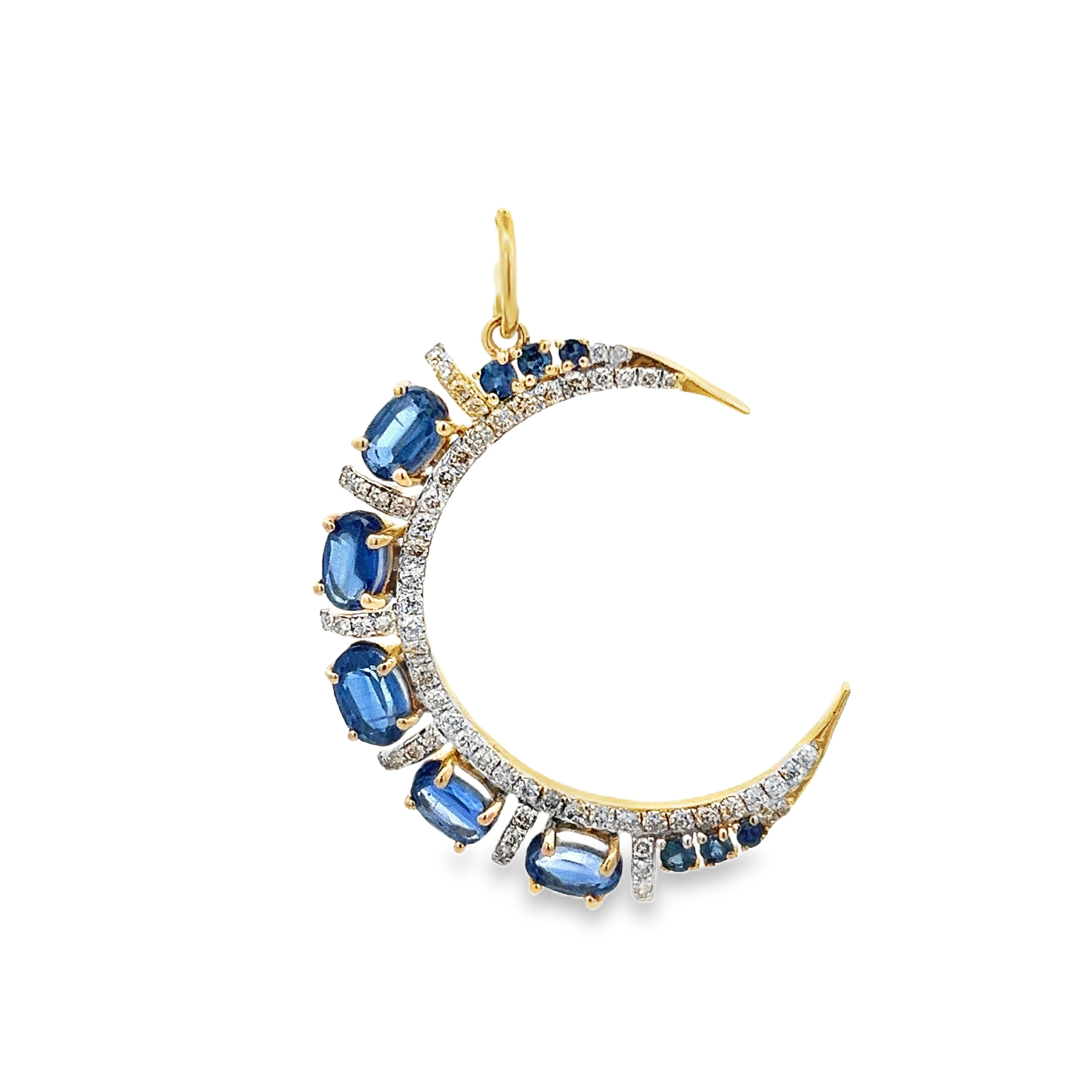 BLUE SAPPHIRE AND DIAMOND HALF MOON CHARM SET IN 14K YELLOW GOLD