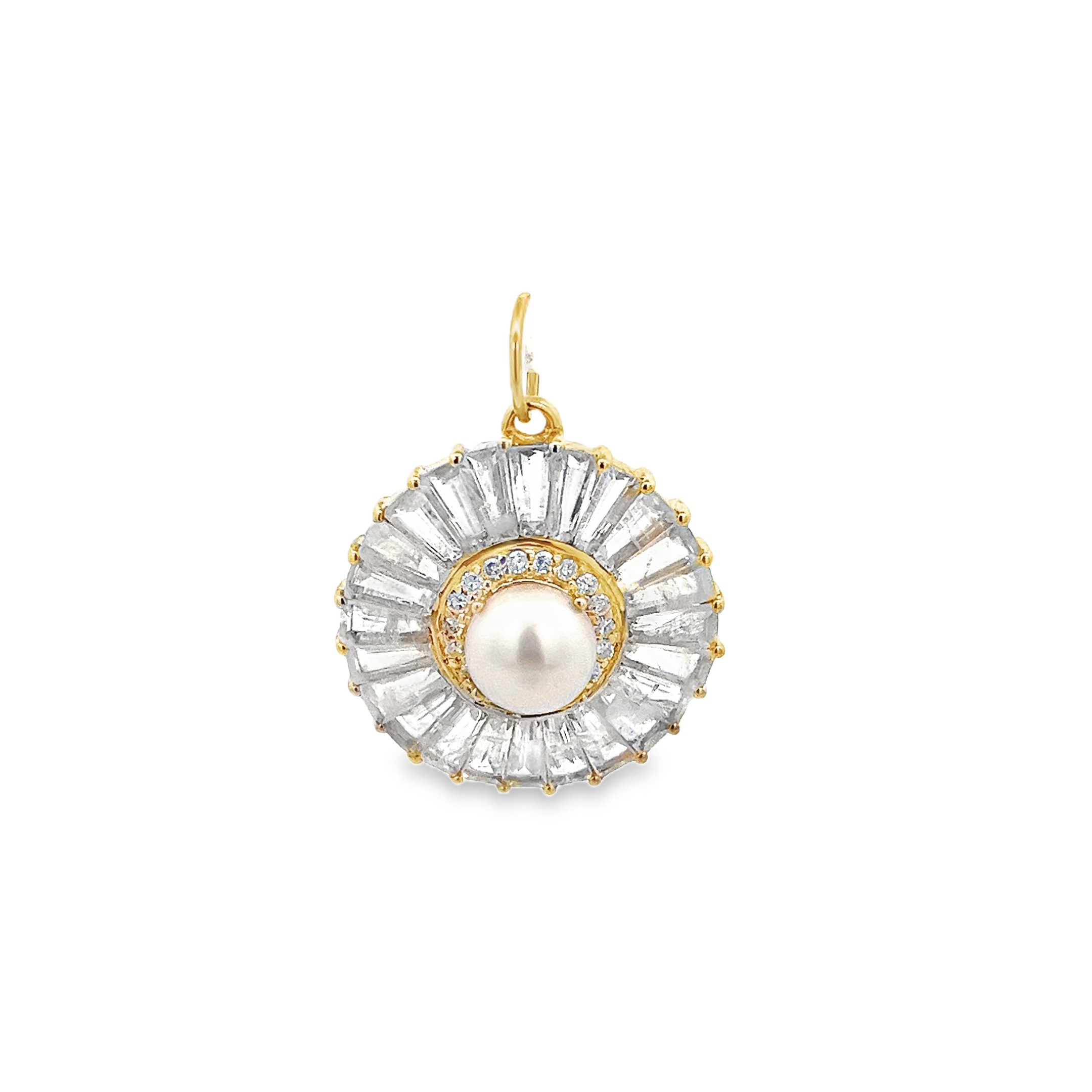 PEARL SURROUNDED BY BAGUETTE CUT DIAMONDS CHARM SET IN 14K YELLOW GOLD