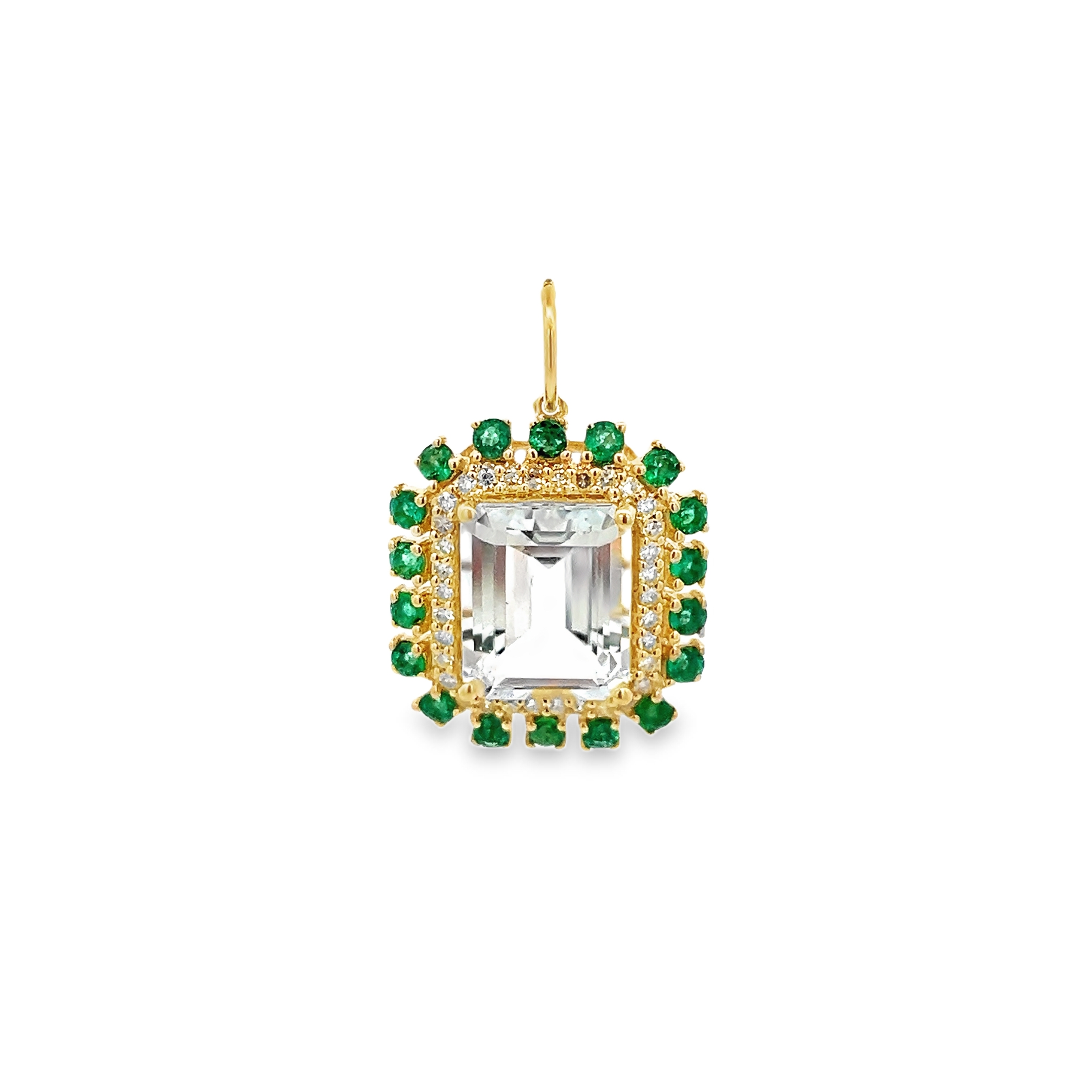 DIJE DE PUNTA OCTOGONAL DE DIAMANTE CON PIEDRA LUNA VERDE ENGARZADO EN ORO AMARILLO DE 14 K