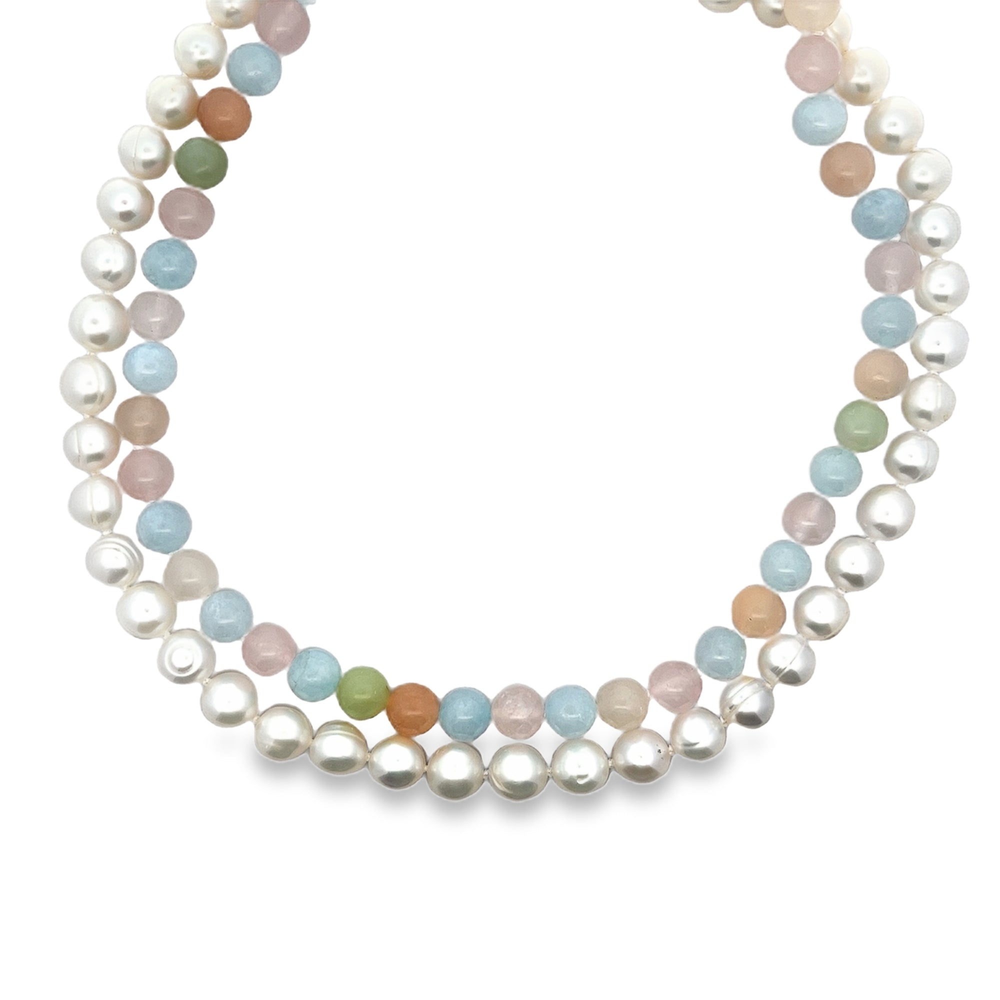 WHITE AND MULTICOLOR PEARLS ON A TWO STRAND NECKLACE