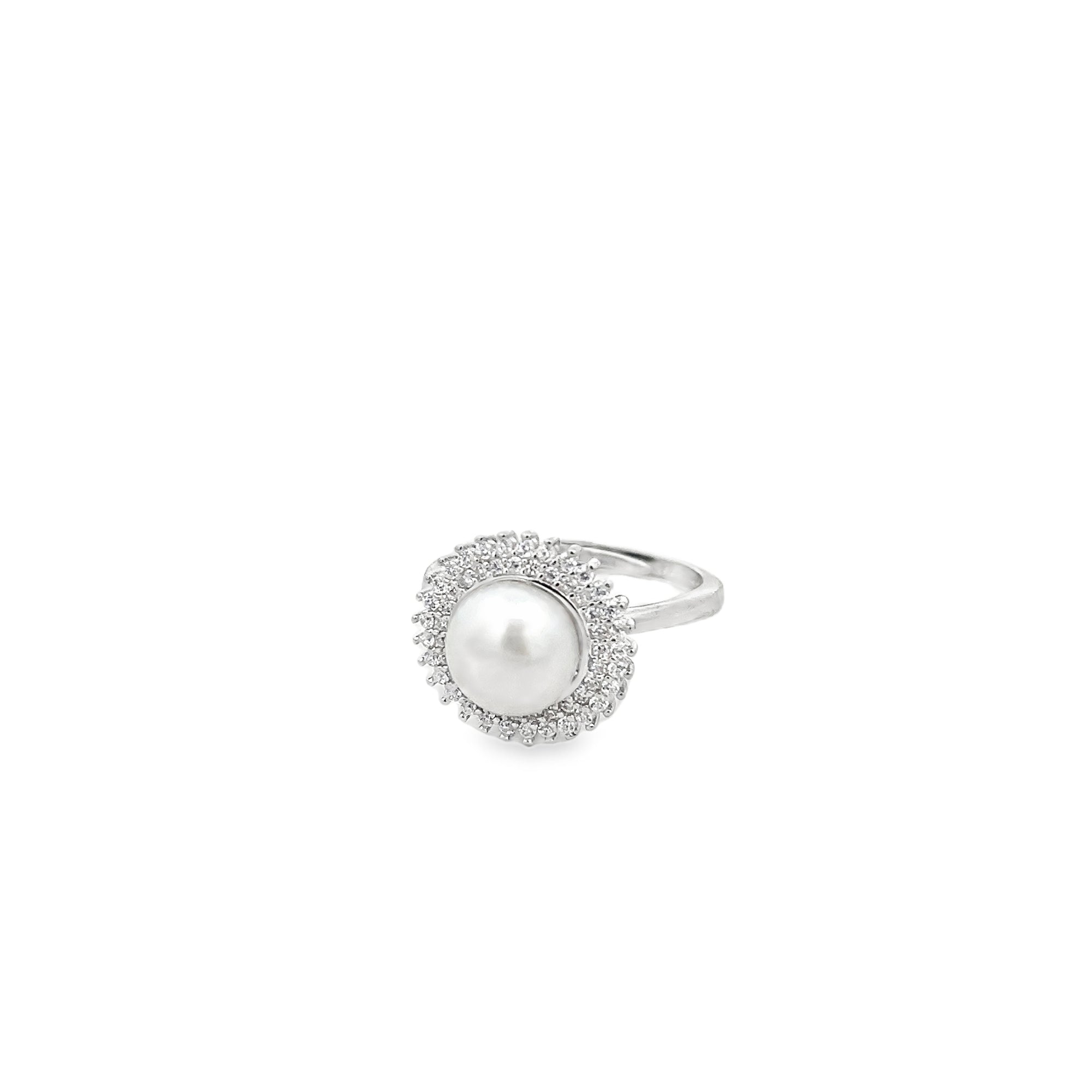 PEARL ADJUSTABLE RING WITH ROUND PAVÉ SET IN 925 SILVER