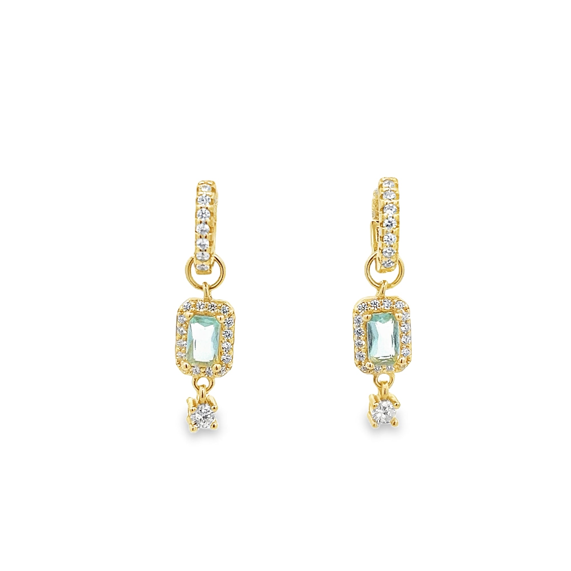 AQUA EMERALD CUT HOOP EARRINGS IN 925 GOLD PLATED