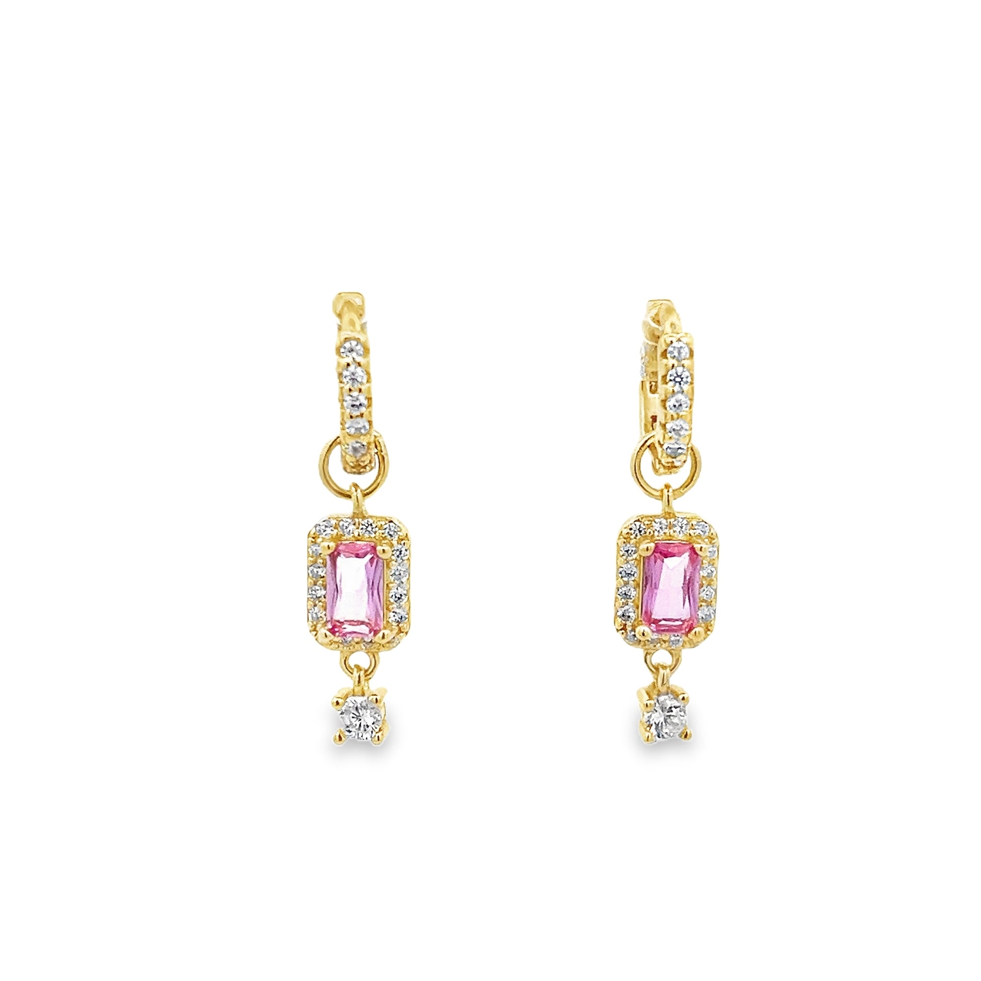 PENDIENTES CORTE ESMERALDA ROSA BAÑADOS EN ORO 925