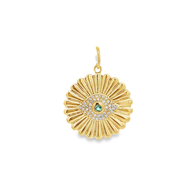 EMERALD AND DIAMONDS EVIL EYE COIN CHARM IN 14K YELLOW GOLD