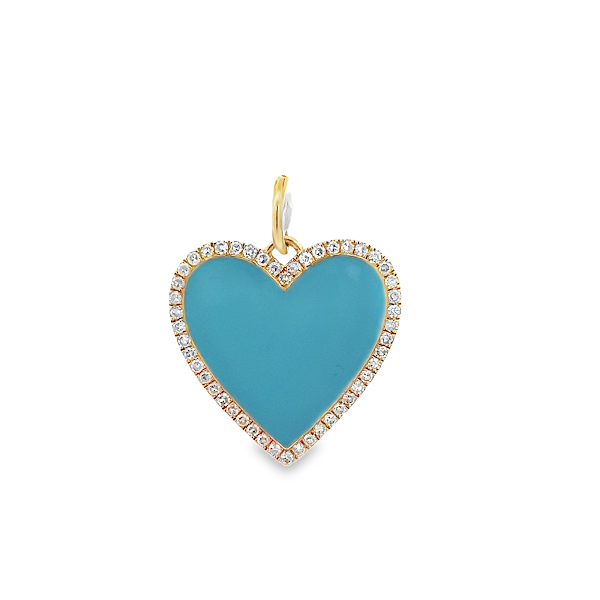 TURQUOISE HEART SHAPED ENAMEL CHARM SURROUNDED BY DIAMOND HALO SET IN 14K YELLOW GOLD