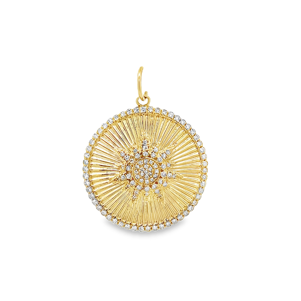 SUN RAYS COIN CHARM WITH DIAMOND HALO SET IN 14K YELLOW GOLD