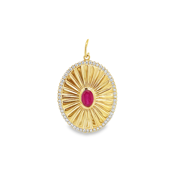 RUBY OVAL CHARM SURROUNDED BY DIAMOND HALO SET IN 14K YELLOW GOLD