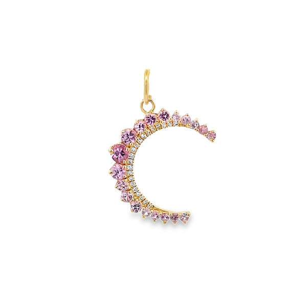 PINK SAPPHIRE AND DIAMOND HALF MOON CHARM SET IN 14K YELLOW GOLD