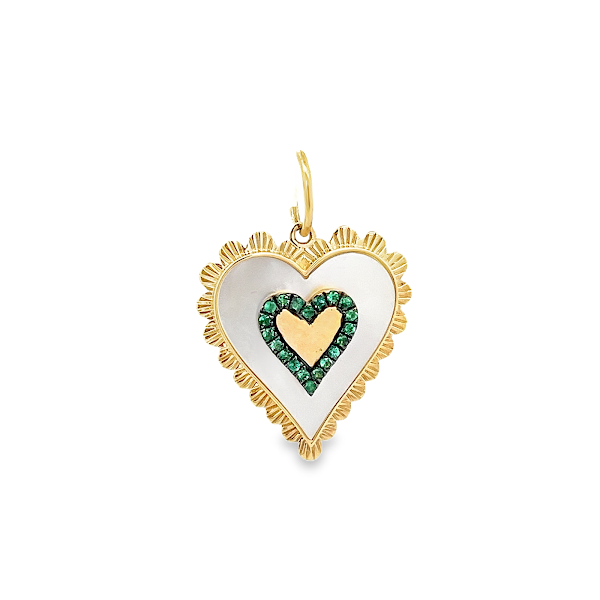 EMERALD AND MOTHER OF PEARL HEART CHARM SET IN 14K YELLOW GOLD