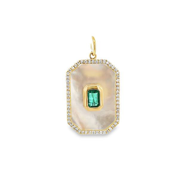 MOTHER OF PEARL TAG  WITH EMERALD SURROUNDED BY DIAMOND HALO CHARM SET IN 14K YELLOW GOLD