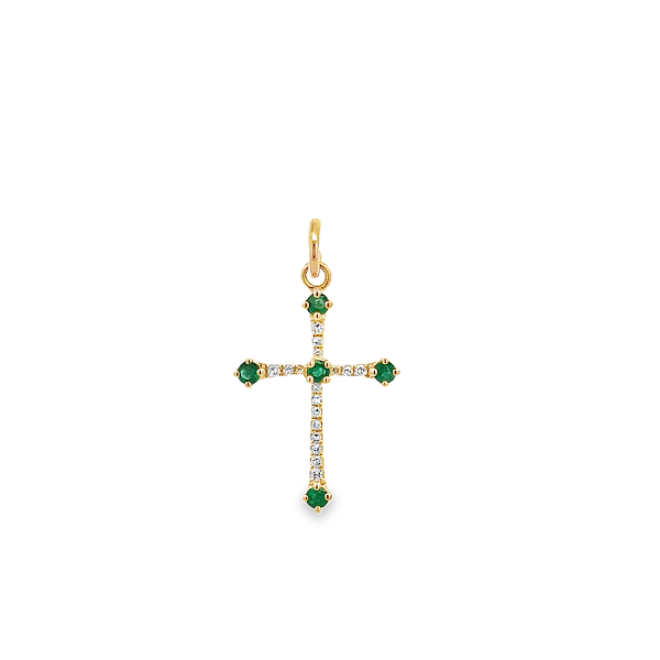 EMERALD AND DIAMOND MEDIUM CROSS CHARM SET IN 14K YELLOW GOLD