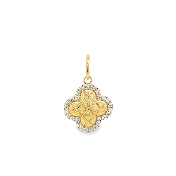 CLOVE WITH TEXTURE AND ACCENTED WITH DIAMOND CHARM IN 14K YELLOW GOLD