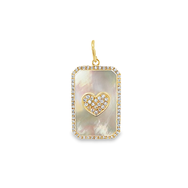 DIJE DE CORAZÓN DE MADREPERLA CON DIAMANTES EN MONTURA EN ORO AMARILLO DE 14 K