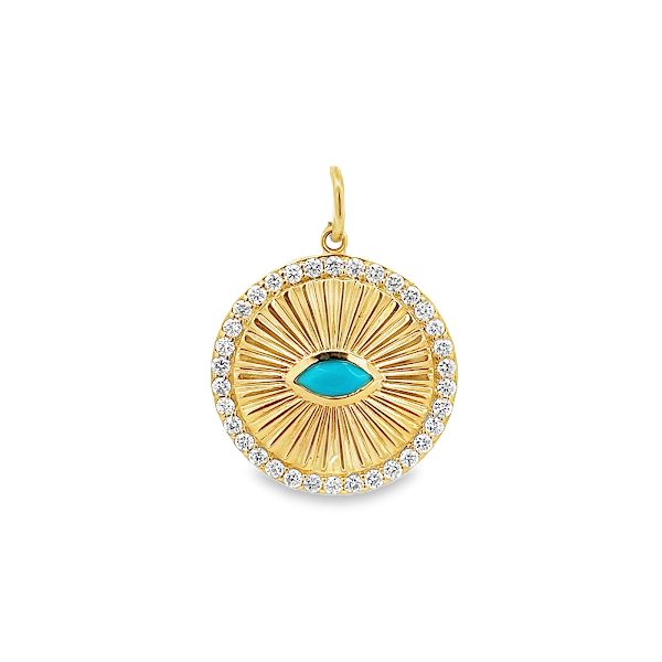 TURQUOISE COIN SURROUNDED BY DIAMOND HALO CHARM SET IN 14K YELLOW GOLD