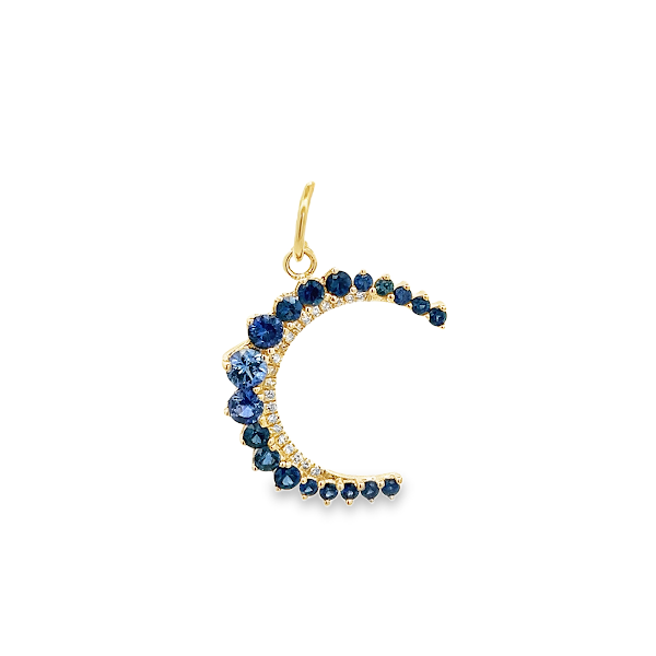 BLUE SAPPHIRE AND DIAMOND HALF MOON CHARM SET IN 14K YELLOW GOLD