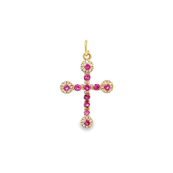 PINK SAPPHIRE AND DIAMONDS BIG CROSS CHARM SET IN 14K YELLOW GOLD