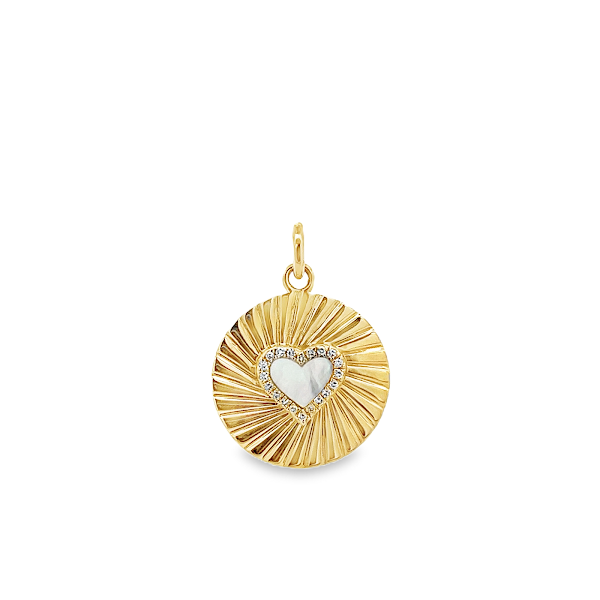 MOTHER OF PEARL WITH DIAMONDS HEART CHARM SET IN 14K YELLOW GOLD