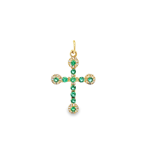 EMERALD AND DIAMOND BIG CROSS CHARM SET IN 14K YELLOW GOLD