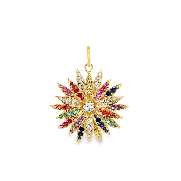 DIJE DE FLOR DE ZAFIRO MULTICOLOR Y DIAMANTES EN SET DE ORO AMARILLO DE 14 K