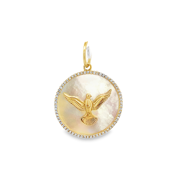 GOLD EAGLE CHARM SURROUNDED BY DIAMOND HALO SET IN MOTHER OF PEARL AND 14K YELLOW GOLD