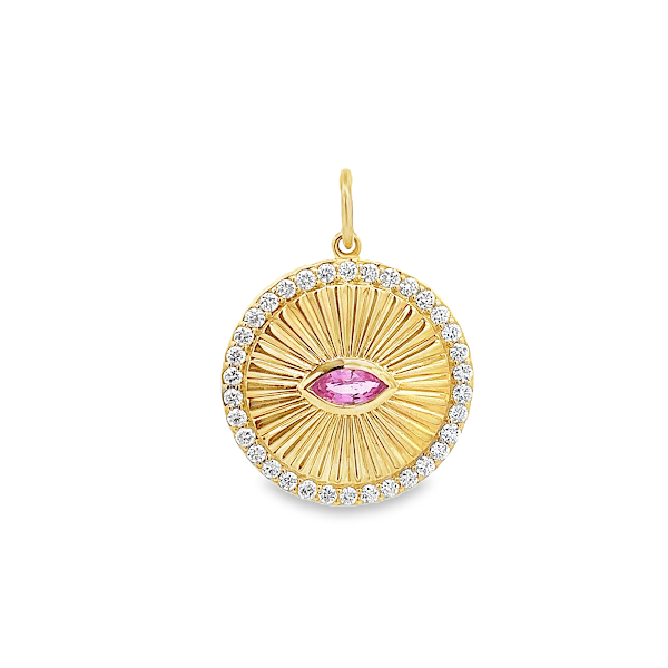 PINK SAPPHIRE COIN SURROUNDED BY DIAMOND HALO CHARM SET IN 14K YELLOW GOLD