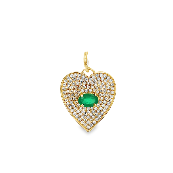 DIJE DE CORAZÓN CON PAVÉ DE ESMERALDAS Y DIAMANTES EN ORO AMARILLO DE 14 K