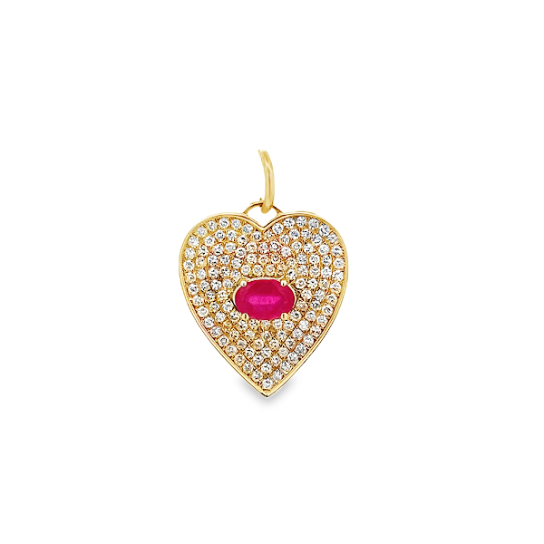 DIJE DE CORAZÓN CON PAVÉ DE RUBÍES Y DIAMANTES EN ORO AMARILLO DE 14 K