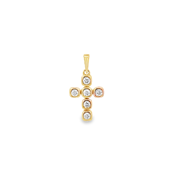 DIJE DE CRUZ DE DIAMANTES PEQUEÑOS EN MONTURA EN ORO AMARILLO DE 14 K